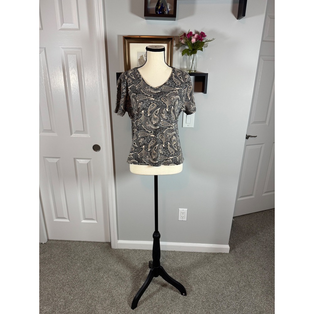 Karen Scott Womens Medium V-Neck Short Sleeve Paisley Print Cotton Top Brown Tan